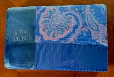 NEW Crown Crafts Royal Sateen King Flat Sheet, Navy/ Striped-Paisley Accent Top