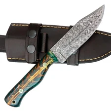 CUSTOM HANDMADE DAMASCUS KNIFE WITH PINE CONE HANDLE PREMIMUM LEATHER SHEATH T16