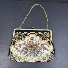 Walborg Vintage Tapestry Clutch Purse Black Floral Hong Kong 60s Gold Tone Chain