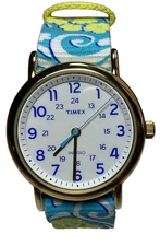 Timex Indiglo Watch Easy Reader 38mm Gold Blue Yellow Floral WR 30M New Battery