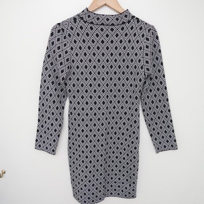 QED London Women s Black White Geometric Bodycon Dress Size L Long Sleeve Retro