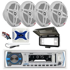 Pyle Marine Radio, Cover, Antenna,Amp w/Kit, 4x 6.5" 600W Wireless White Speaker