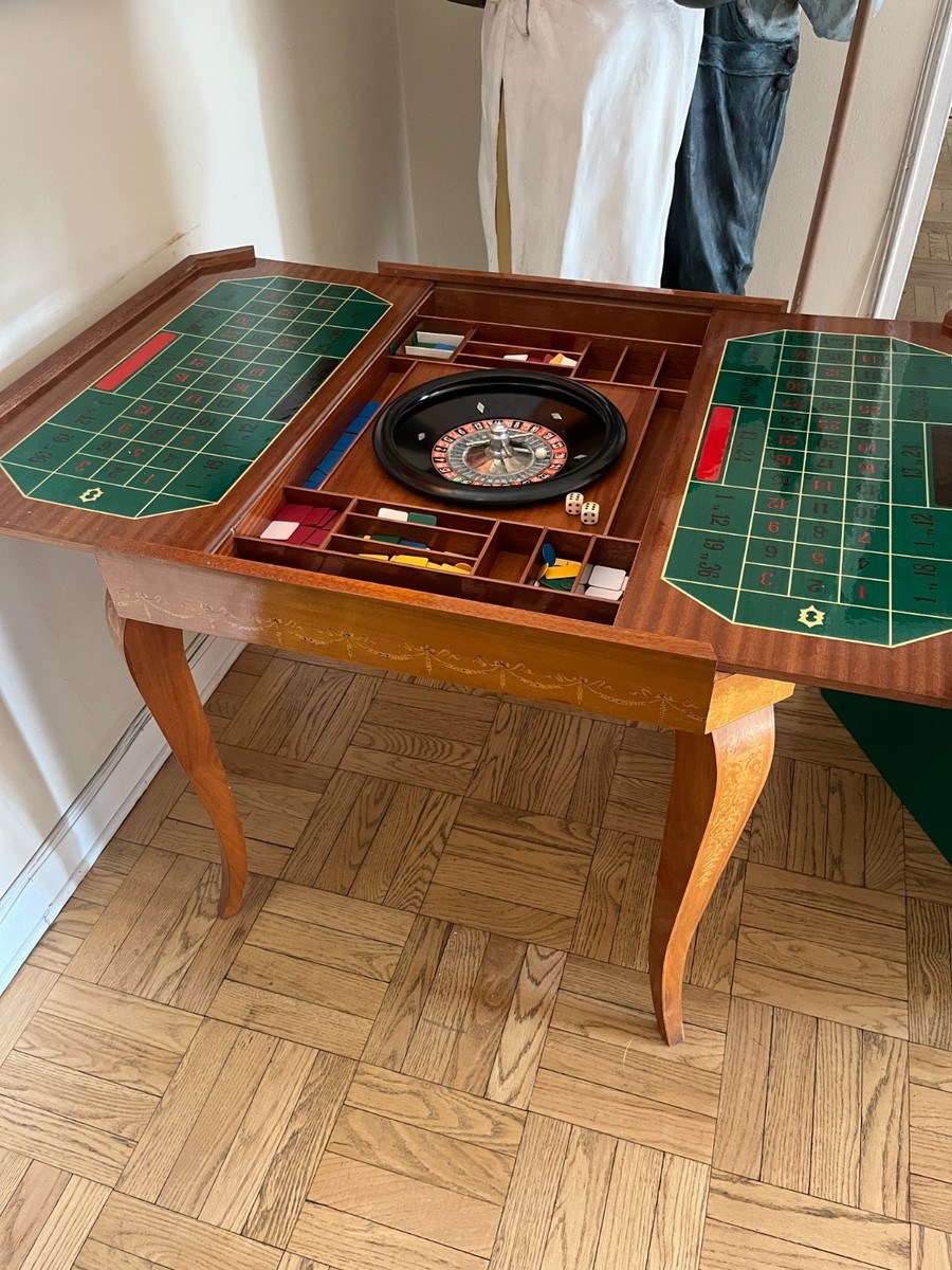 Italian Inlaid Wood Multi Game Table With 5 Roulette, Checkers