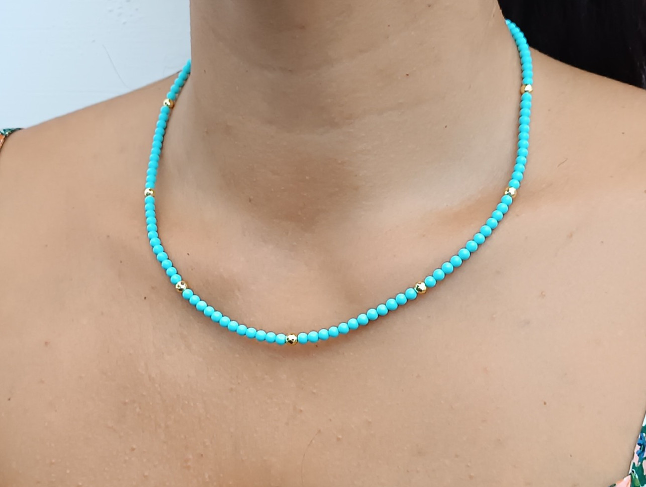Collar Mujer Gargantilla Turquesa Plata 925 Baño De Oro Perlas Pequeñas