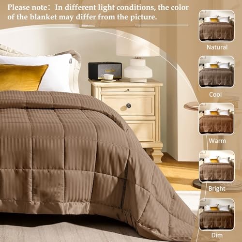 Size Blanket with Satin Trim, Lightweight Down Alternative Queen Brown - Picture 6 of 7
