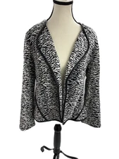 Chicos Womens L Open Front Blazer Jacket Black White Textured Knit Trim Career