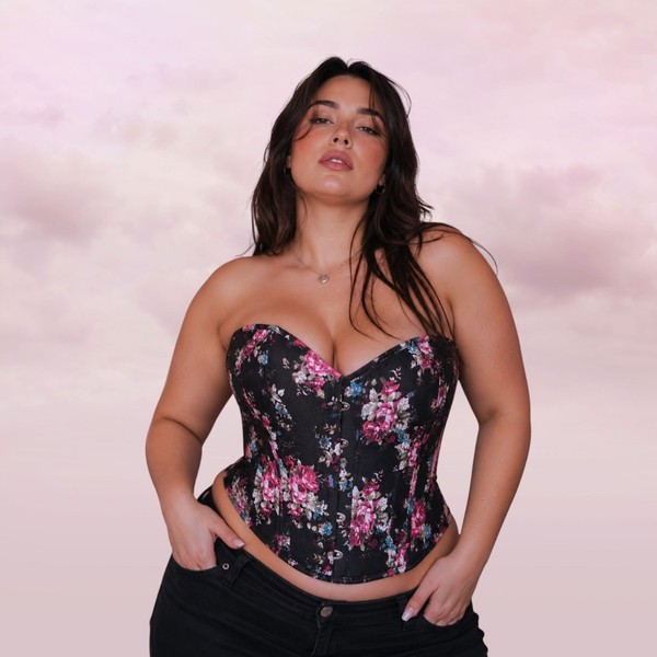 Alivila Y Fashion Floral Corset Bustier Top XXL Boned Lace Up Strapless Black