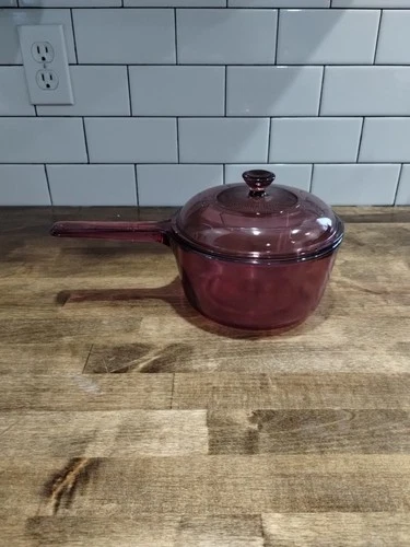 Vtg Corning Ware Pyrex Visions Cranberry 1.5L Glass Saucepan With Lid