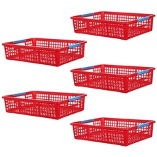  5pcs Stackable Plastic Basket - Red Desk Organizer With Handles For A4 Paper