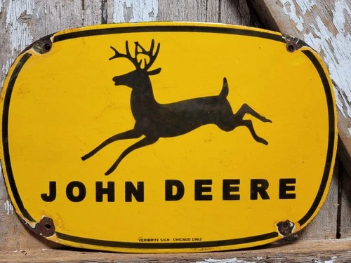 VINTAGE JOHN DEERE PORCELAIN SIGN OLD 1963 FARM TRACTOR EQUIPMENT BARN VERIBRITE