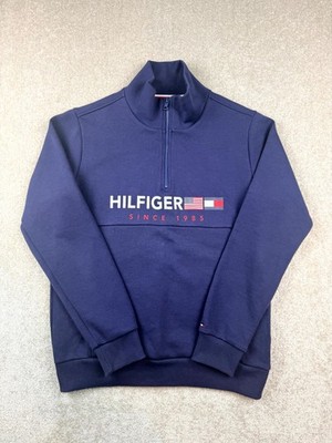 Tommy Hilfiger Sweatshirt Womens Size S Navy Spellout Logo Mock Neck 1/4 Zip