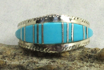 Native American Zuni Sterling Silver Turquoise Inlay Ring Size 9 3/4 #185
