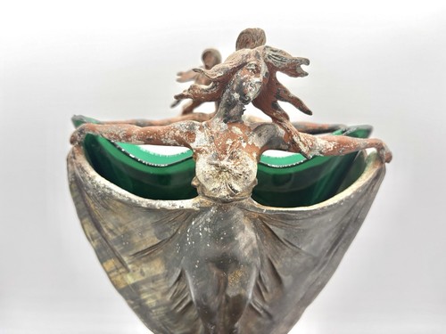 Antike Jugendstil Bronze doppelseitige Damen Vase mit Smaragdglaseinsatz Frau - Bild 10 von 22