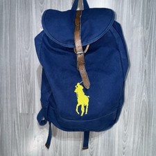 Mochila De Colección Polo Ralph Lauren Azul Bordada Amarillo Pony Logo Lona Cuero