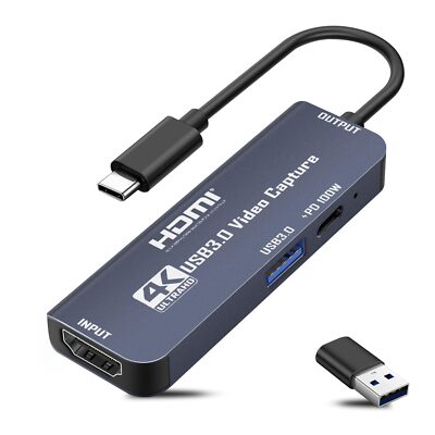 USB 3.0 Video Capture Card with 100W Power Supply & 3.0 Port4K HDMI to USB C/...
