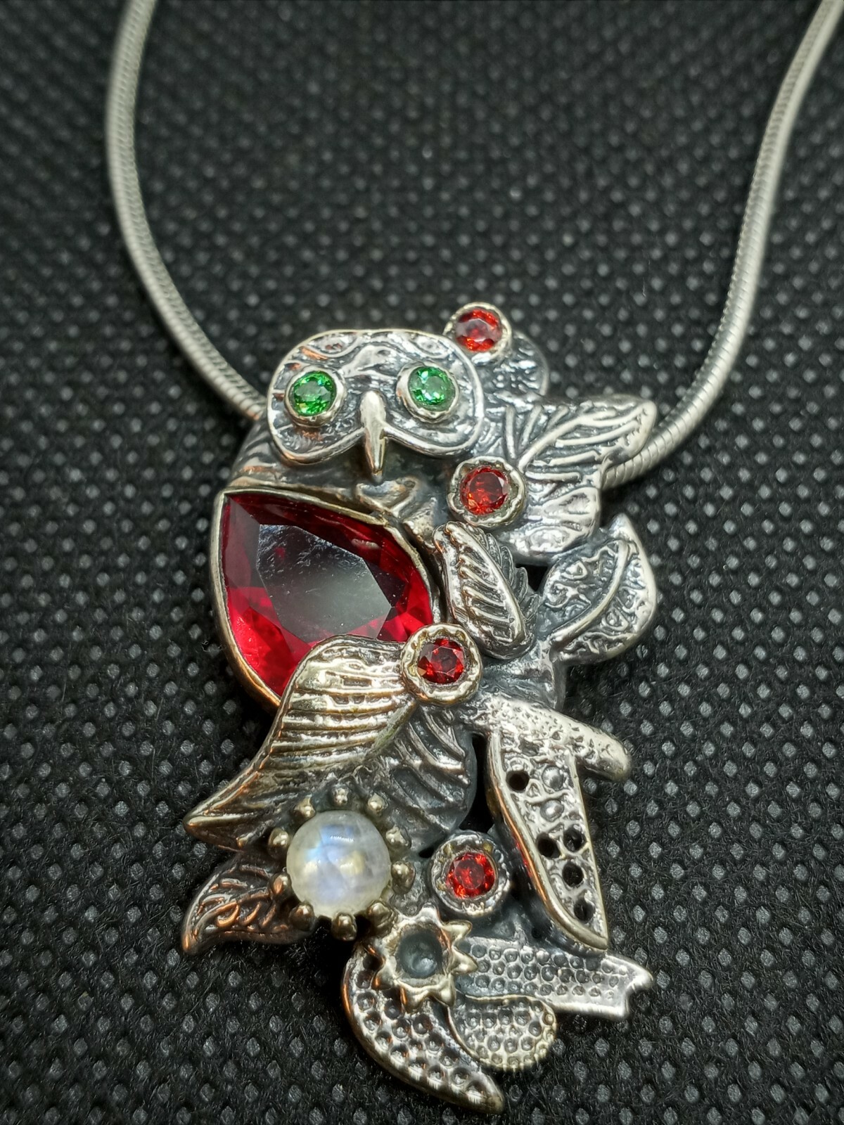 Ruby Emerald Opal Sterling Silver Owl Pendant Sil… - image 1