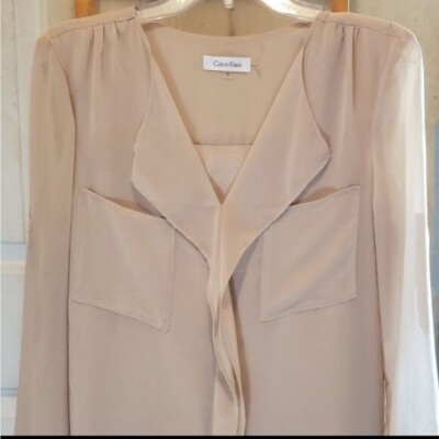 Calvin Klein Blouse M Long Sleeve Sheer Pocket Old Money Quiet Luxury Clean Girl