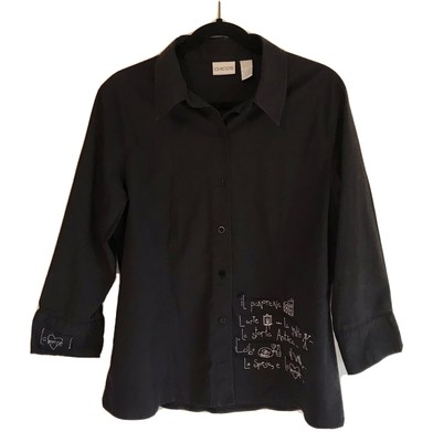 Chicos Black Appliqué Italy Shirt Top Artsy Embroidered Button 
