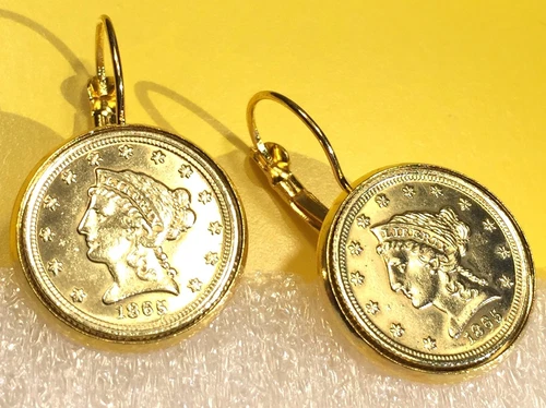 1865 USA Gold Liberty Head $2.5 Dollar Quarter Eagle Coin Earrings + Gift Box!