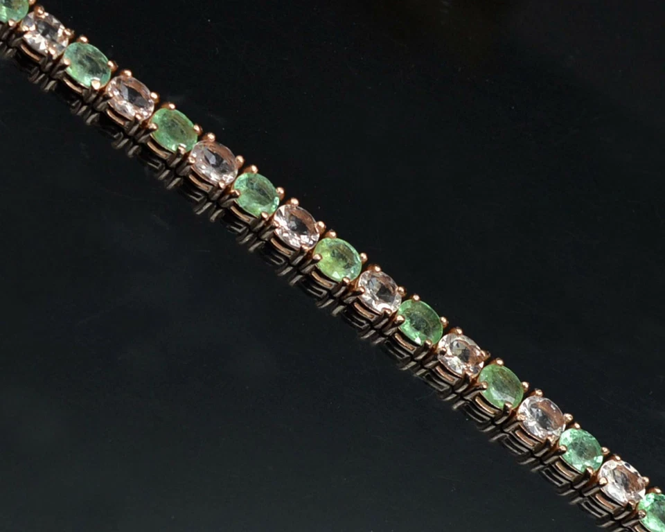 Brazalete nupcial tenis de plata de ley 925 con piedras preciosas de morganita natural y esmeralda Foto 4 de 4