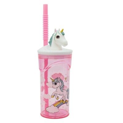 Einhorn Figur 3D Trinkbecher mit integriertem erweiterbarem Strohhalm 360ml