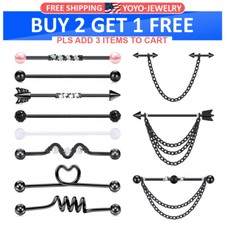3-11PCS Black Steel Industrial Barbell Earrings Chain Conch Helix Piercing 14G