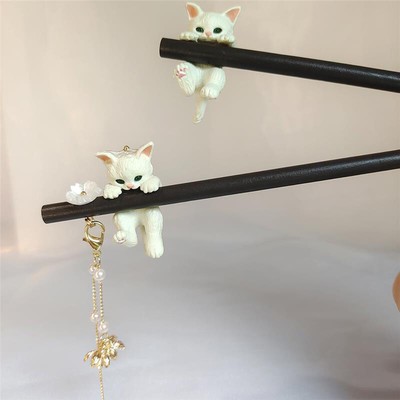 Black Ebony Wooden Hair Sticks Women Chinese Style Cute Cat Pendant Headwear