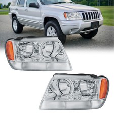 Pair Front Headlights Assembly For Jeep Grand Cherokee 1999-2004 Chrome Housing