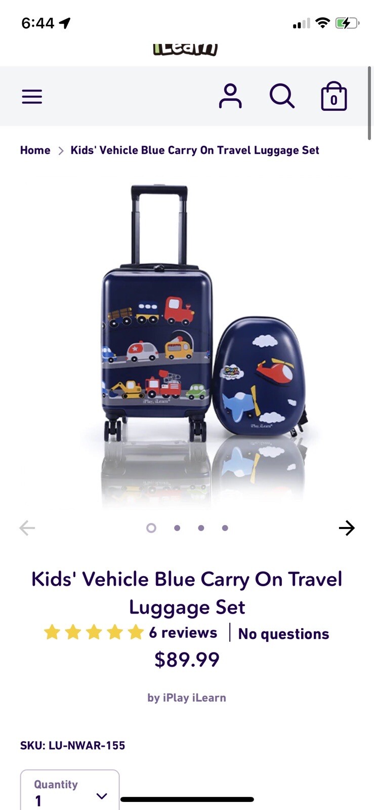NEW iPlay, iLearn Kids Luggage Set Hard Shell Wheel Suitcase Cars Helicopter VI