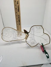 HAZEL ATLAS PEAR and LEAF SHAPED  GLASS CANDY DISHES With GOLD TRIM VINTAGE