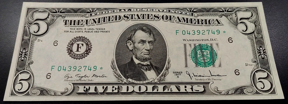 1977 A $5 Federal Reserve Note, Atlanta, STAR Note! CU! Fr# 1975 F. - Image 2 of 4