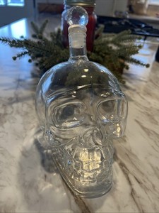 Glass Clear Skull Shaped Decanter Bottle with Airtight Skull Shaped Stopper 6"