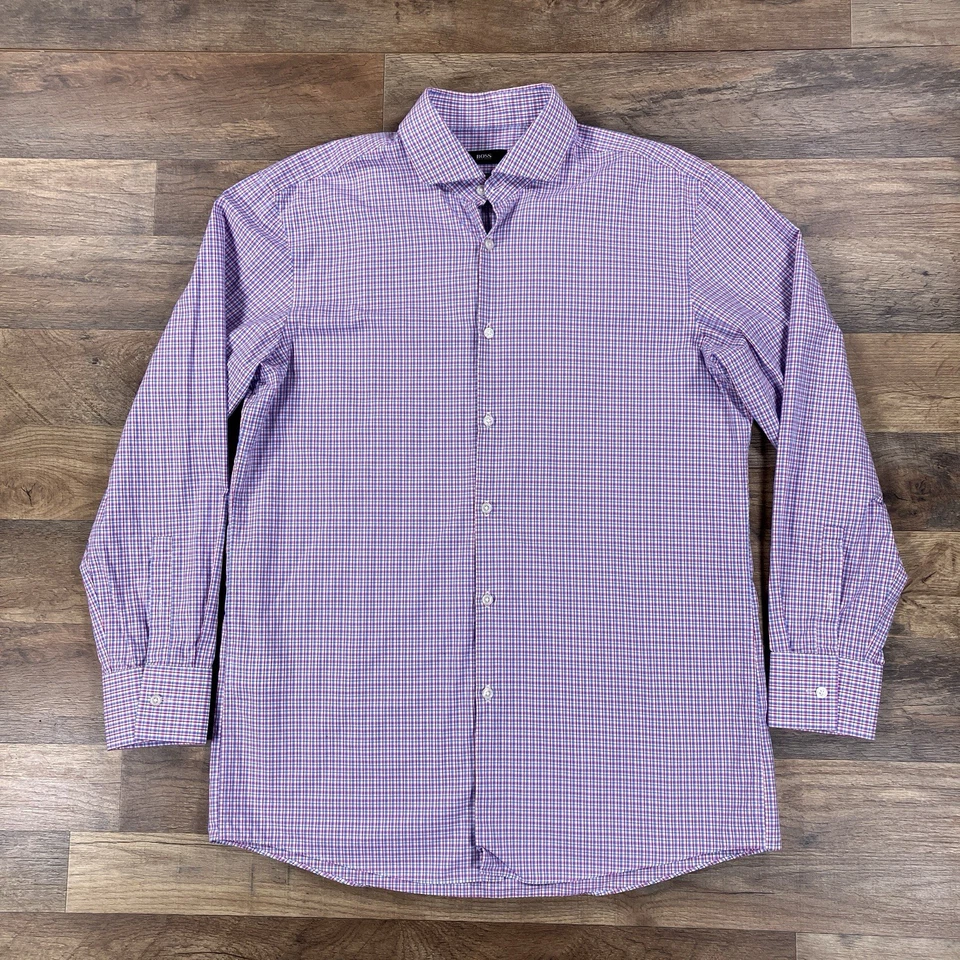 Camisa Hugo Boss Para Hombre 16 32/33 Rosa Azul A Cuadros Afilada Calce Ajustado Abotonada Foto 2 de 4