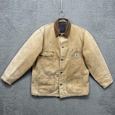 Vintage Carhartt Chore Coat Mens L Tan Paint Splatter Duck Canvas Blanket Lined