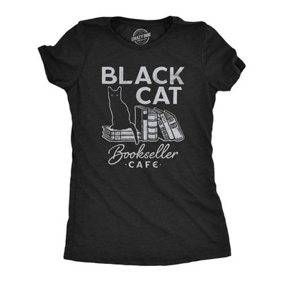 Womens Black Cat Bookseller Cafe T Shirt Funny Halloween Book Lovers Novelty Tee