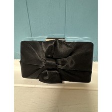 Black Satin Bow Evening Clutch Purse Gemstone Accent and Silver w/ rope Chain