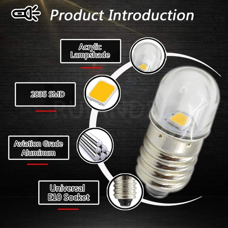 E10 3V/4.5V/6V/12V Torch LED Miniature Screw Bulb Clear/Warm White Bulb Lamp - Image 4 of 4