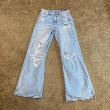 American Eagle Dreamy Drape Baggy Wide-Leg Jeans Women 29x30 Blue Distressed