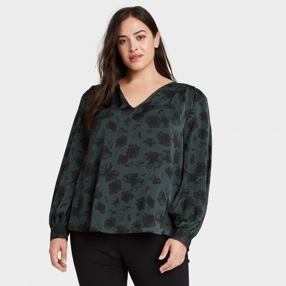 Ava & Viv Black Green Floral Print Long Sleeve Blouse Women's Plus Size 1X Fall