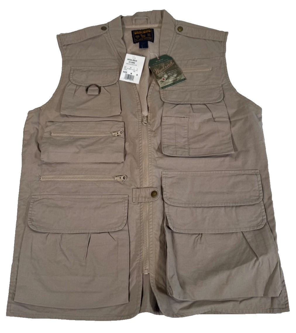 NWT Vintage Woolrich Safari Fishing Travel Utility Vest Khaki Tan Mens Medium