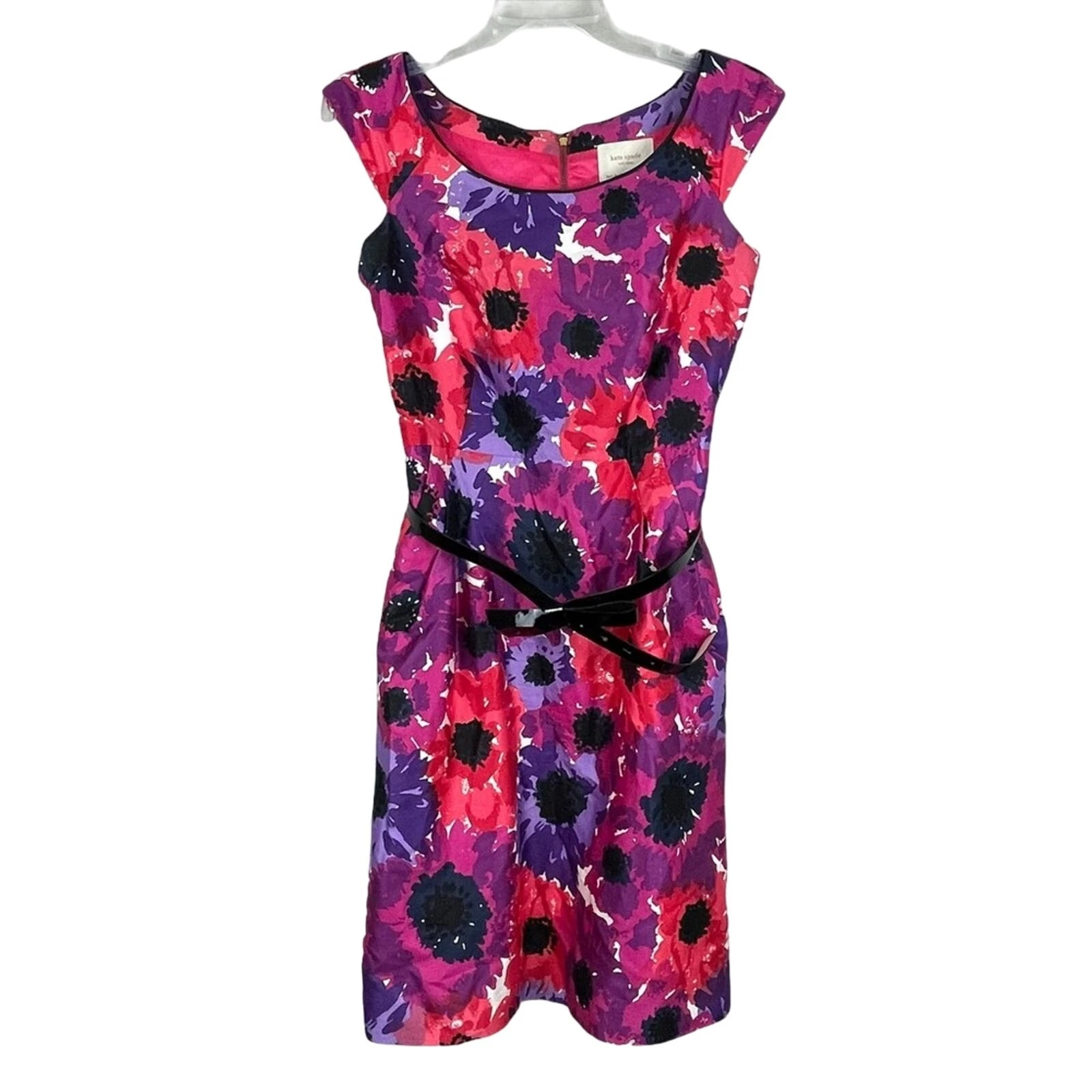 Abito Kate Spade Josie seta tubino floreale nero cintura fiocco taglia 2 tasca senza maniche