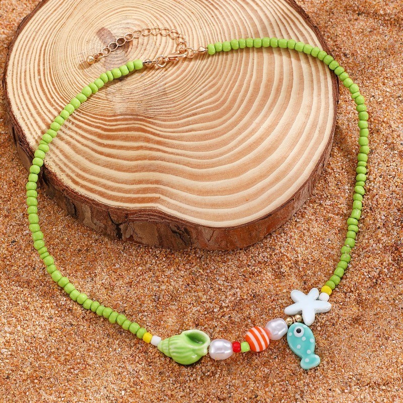 Bohemian Little Fish Ceramic Pendant Green Beaded Necklace New Women's Jewelry