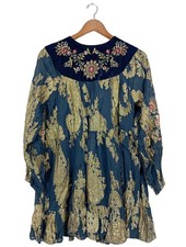 ZARA Langarmkleid Damen Kleid Gr. DE 38 blau-goldfarben Glanz-Optik