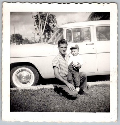 Vtg B&W Snapshot Man And Young Boy In Overalls By 1950s Chevy Style Car 1950s
