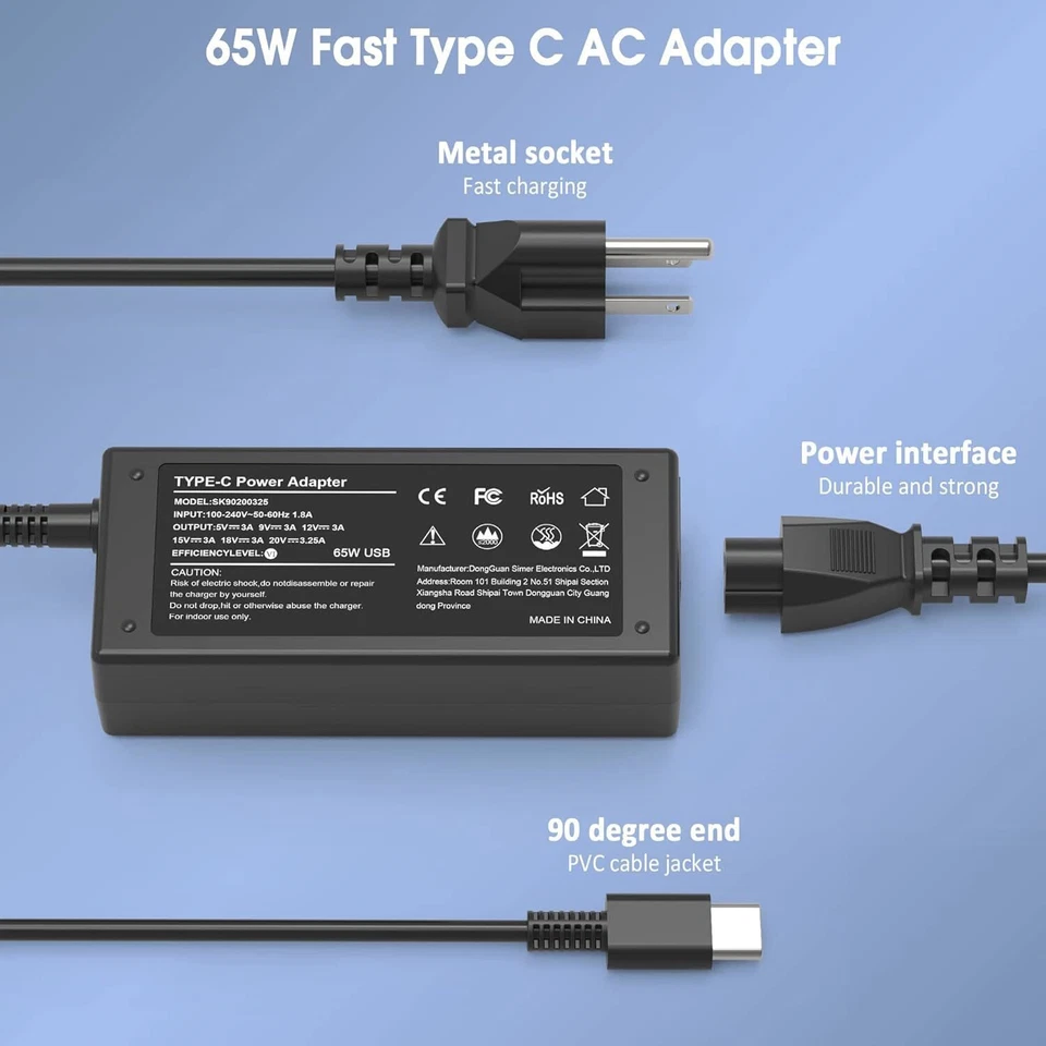 65W Laptop Charger Type-C USB-C AC Adapter for Acer/Lenovo/Dell/HP Computer X360 - Image 3 of 4