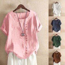 Women Short Sleeve Solid Tops Ladies Cotton Casual Shirt Loose Blouse US