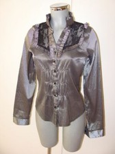 Schwarz Silber gestreifte Satin Glanz Bluse mit tollen Rüschen und Stick Einsatz