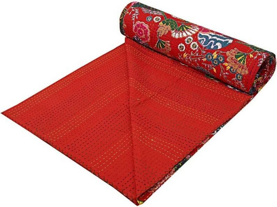 Indian Floral Print Cotton Kantha Quilt Blanket Bedspread Throw Double Bed Size - Image 2 of 4