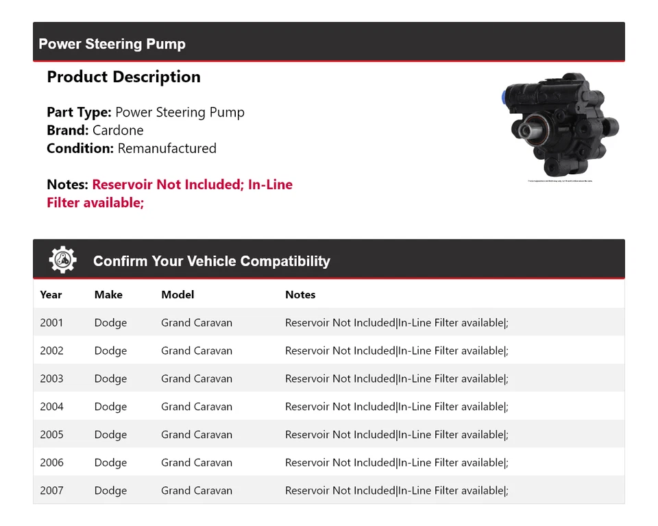 Bomba de direção hidráulica Cardone 2002 2003 2004 Dodge Grand Caravan 2001-2007 - Imagem 2 de 4
