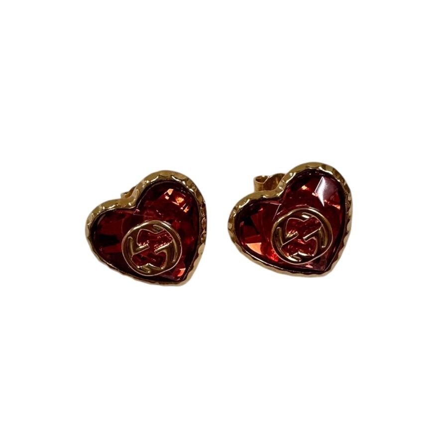 GUCCI Earrings AUTH Gold Heart Stone GG Red Interlocking GG